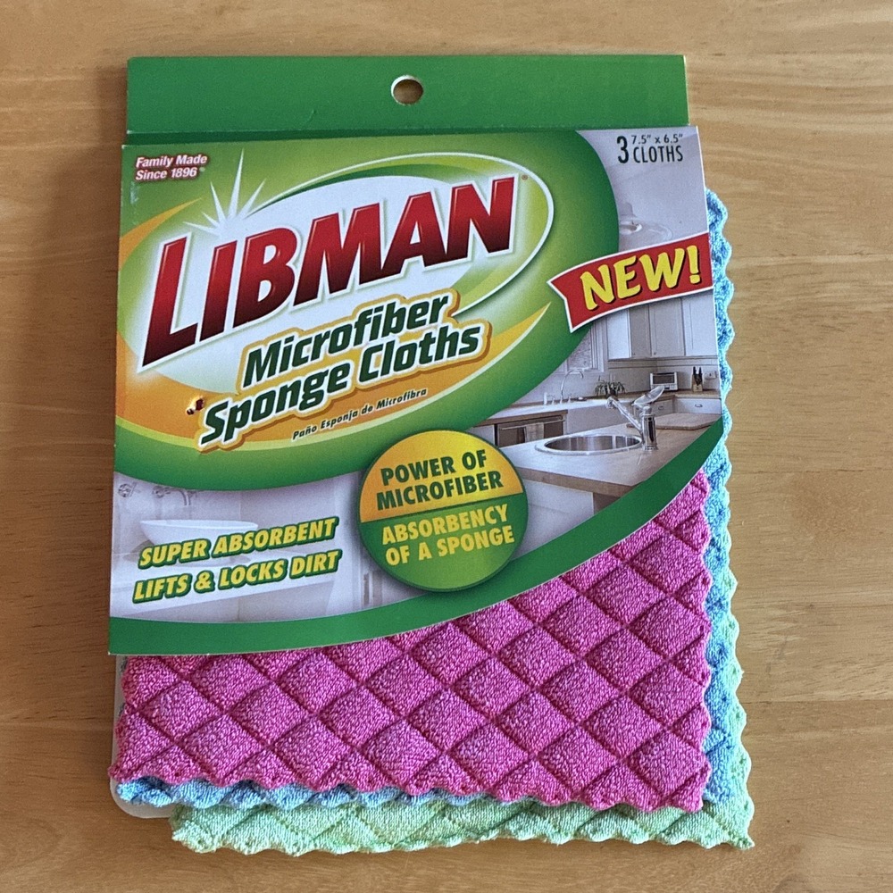 Libman Microfiber Sponge Cloths 3 Pack Super Absorbent Washable 7.5x6.5